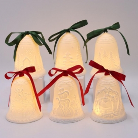 CERAMIC CHRISTMASS BELL GREEN RED RIBBON WITH LED LIGHT